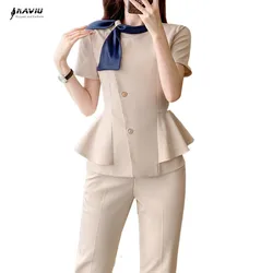 NAVIU Summer manica corta abiti da lavoro professionali formali Set da 2 pezzi con pantaloni e top per blazer da lavoro da ufficio da donna