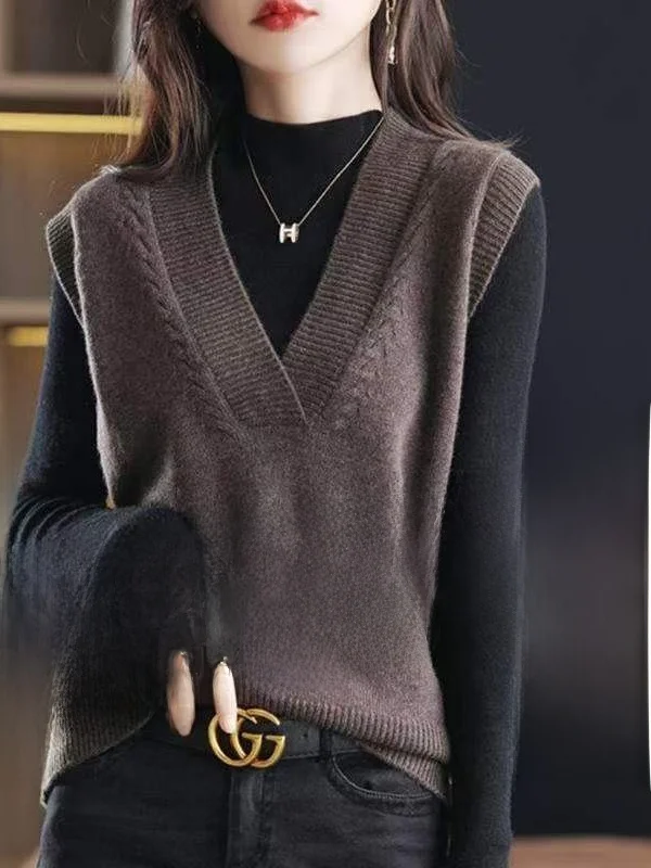 Ladies Knitted Vest Warm Innerwear Base Layer Top V-Neck Loose Fit  Color Commute Style Fashionable Sleeveless Jacket