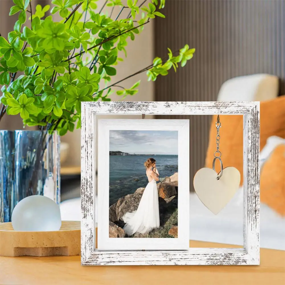 Rotating Photo Frame Double Rotating Wood Picture Frame with Heart Pendant Tabletop Photo Holder for Family for Grandparents