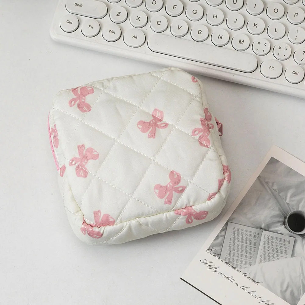 Gift Heart Bow Pattern Coquette Makeup Bag Travel Cotton Cosmetics Storage Bag Puffy Women's Small Clutch Bag