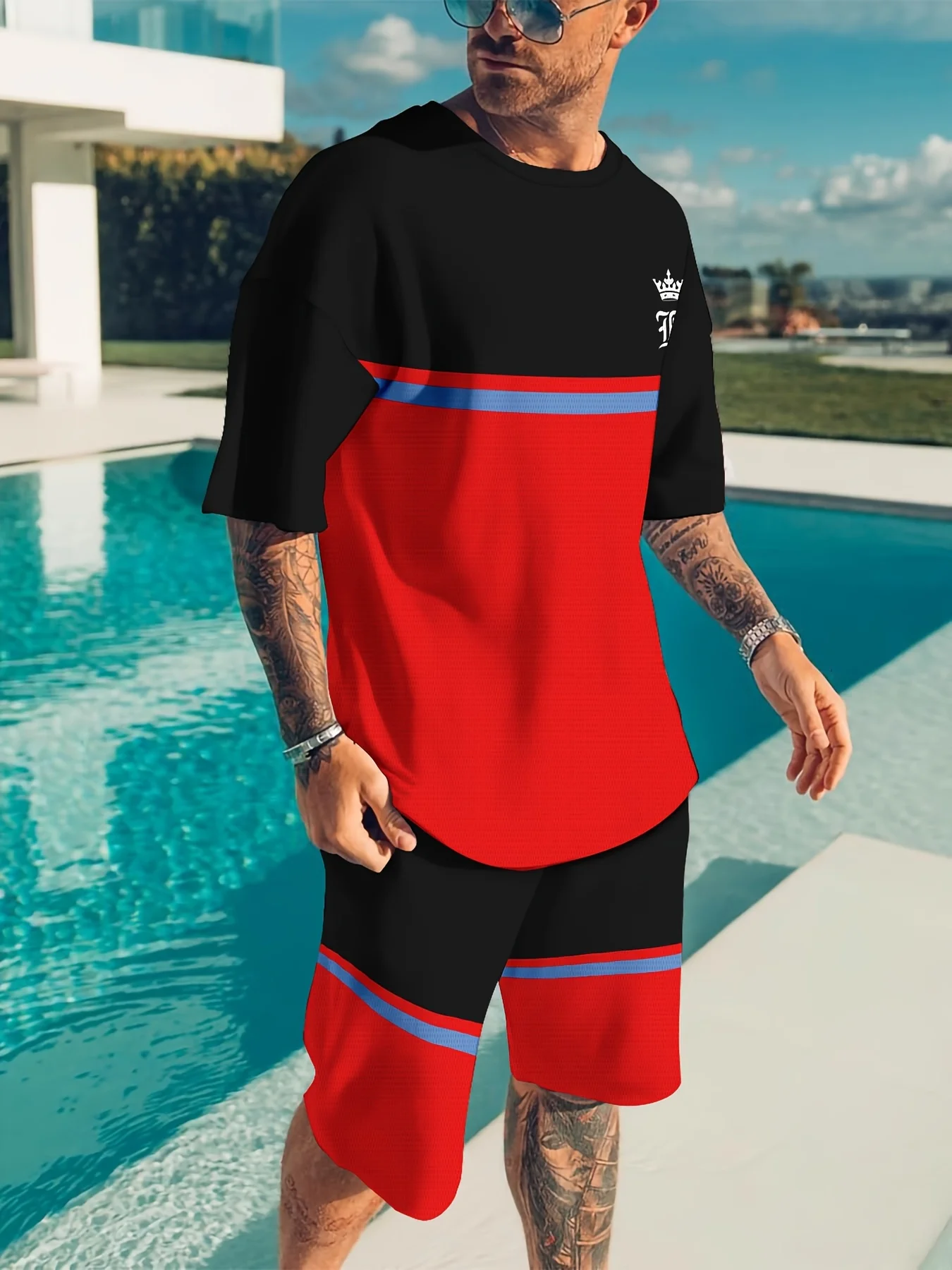 Leisure Sports Set, Breathable Outdoor Casual Men's T-shirt, Cropped Pants Set, Summer 3D Printing Set, Men's Adult Set