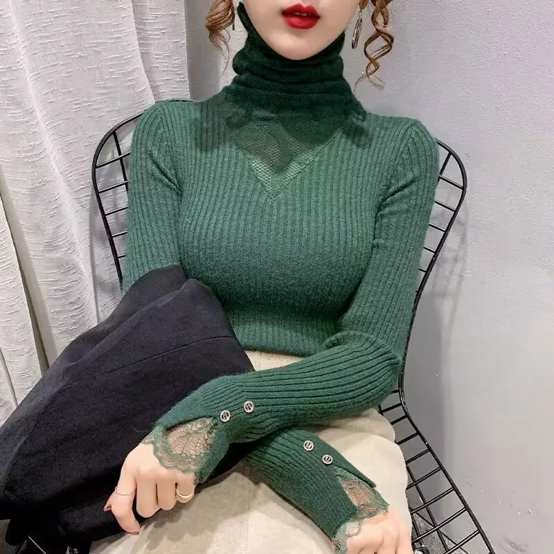 2023 Sexy Mesh Lace Turtleneck Knitted Sweater New Women Autumn Winter Base Sweater Female Soft Blouse Jumpers Bottom Shirt