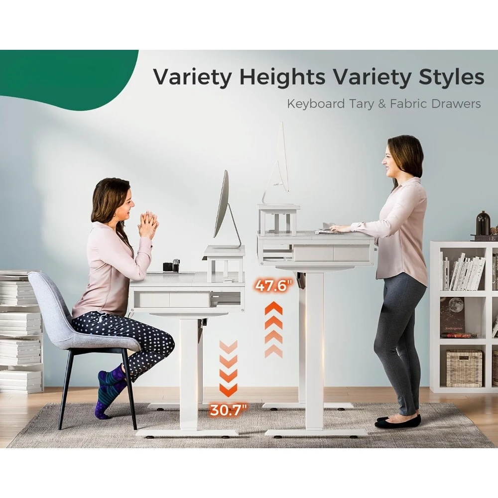 Electric Standing Desk with Drawers & Keyboard Tray, 47 Inch Height Adjustable Small Gaming Desk with Power Outlets & LED Lights