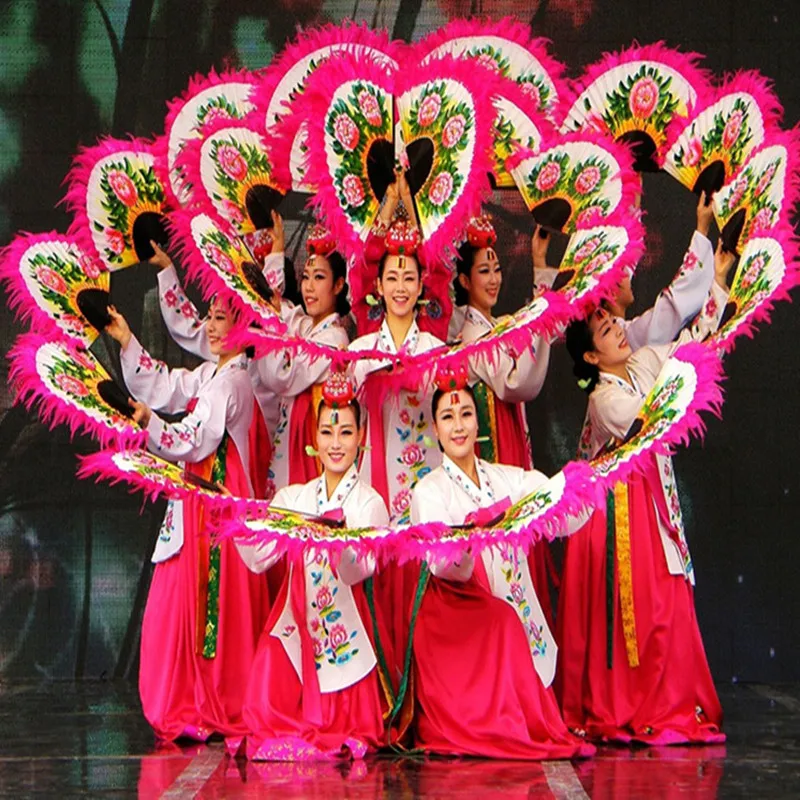 Korea Dancing Fan Big Size 2 Layers Feather Peony Flower Hand Fan Square Dance Show Folk Dancer Performance Prop 1pcs Right Hand