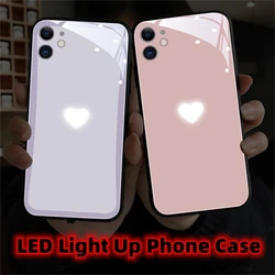 LED Light Up Luminous Case Tempered Glass Phone Back Glitter Cover Heart For iPhone 16 15 14 13 12 11 Pro Max Mini Xs Xr Plus SE