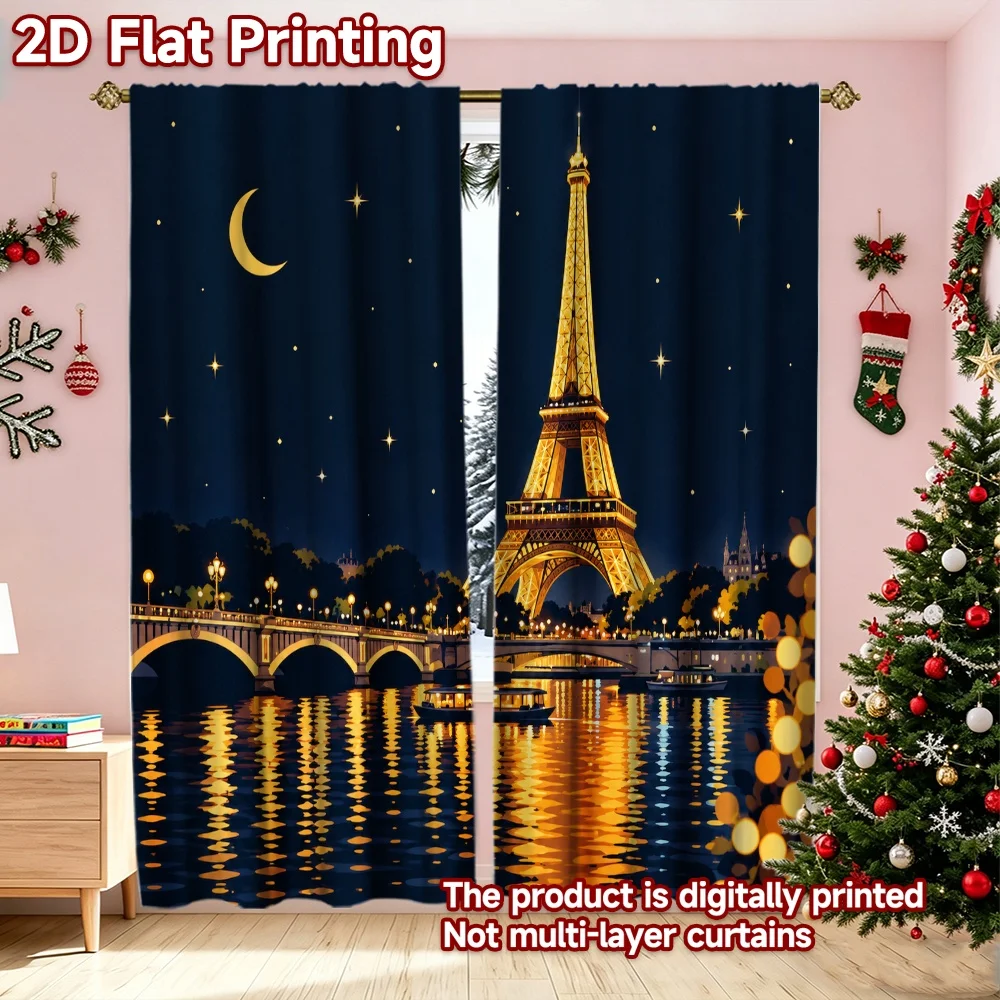 2D flat printing 2pcs Trend Christmas Curtains Paris Eiffel Tower Night Digitally printed polyester curtains Party & Holiday