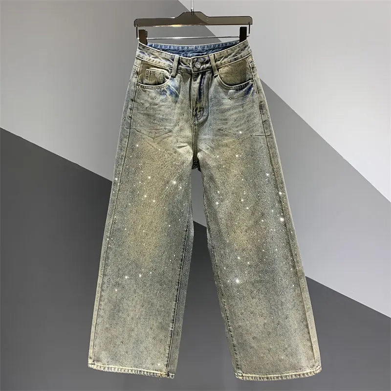 

Новые женские джинсы прямого кроя с эффектом потертости и стразами, весна 2026: универсальные свободные широкие брюки в пол