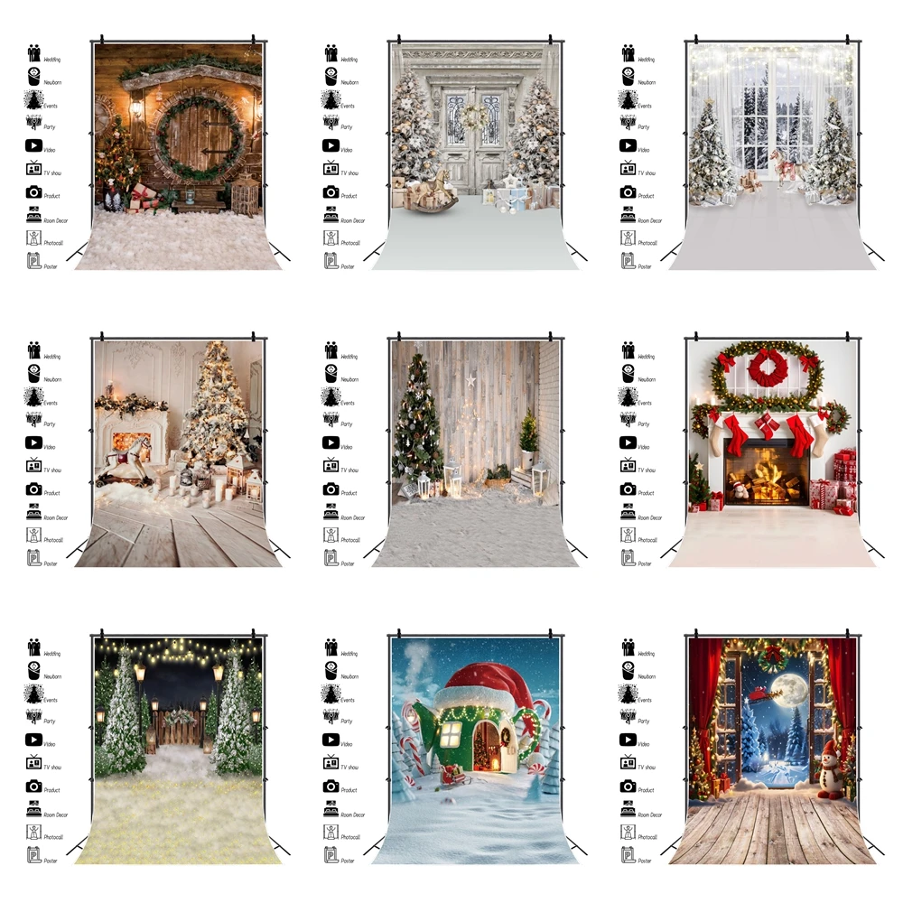 

Merry Christmas Backdrop Xmas Tree Fireplace Gifts Wooden Floor Winter Snowman Baby Portrait Family Party Photography Background