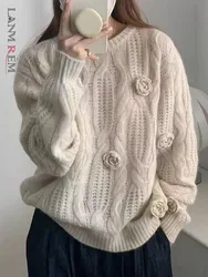 LANMREM 3D Floral Knitted Sweater Women Casual Round Neck Long Sleeves Solid Color Pullover Tops Fashion 2024 Autumn New 2VV119