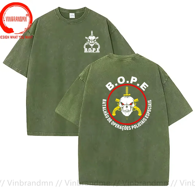 Vintage Washed Cotton T-Shirt Funny Designer Sniper BOPE Brazil T Shirt Men Fashion Trendy Casual Clothing Stylish Tops Tees
