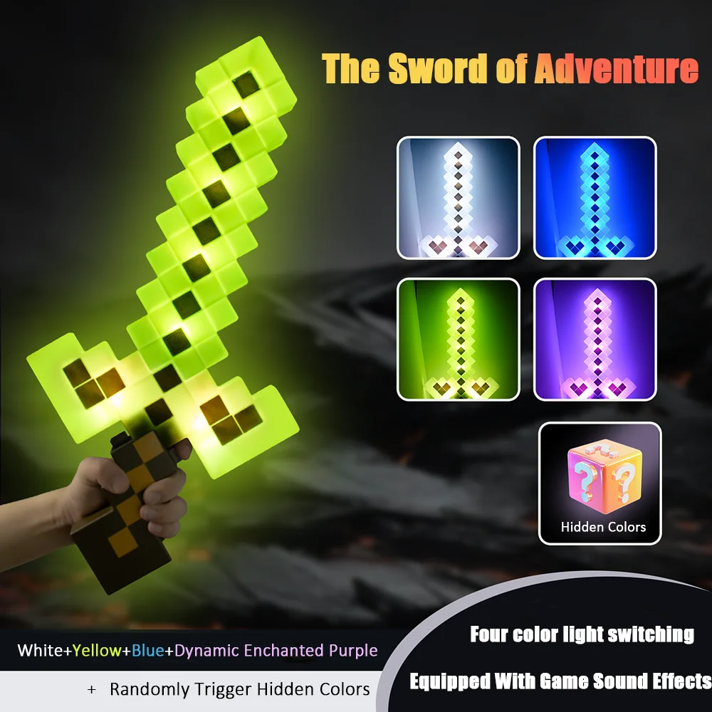MC Game Diamond Sword Toy with Sound & 4 Color Changing LED Lights, Christmas Birthday Gift for Kids