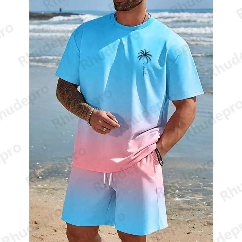 

Hawaiian Style Men's T-shirt Beach Pants Suit Daily Casual Stylish Men Short-sleeved Top Outdoor Vacation Man Athletic Short