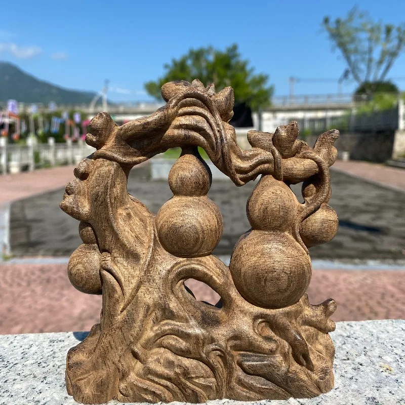 

Hand-Carved Agarwood Gourd Statue - 5.5"x5.1"x1.6" Five Blessings & Magpies Sculpture, Luxury Home Decor TV Cabinet Wine