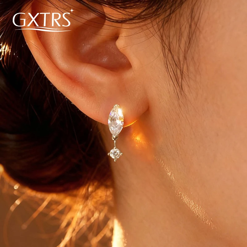

GXTRS Marquise Cut Real Moissanite Stud Earrings For Women S925 Silver Fashion Sparkling Diamond Wedding Ear Studs Fine Jewelry