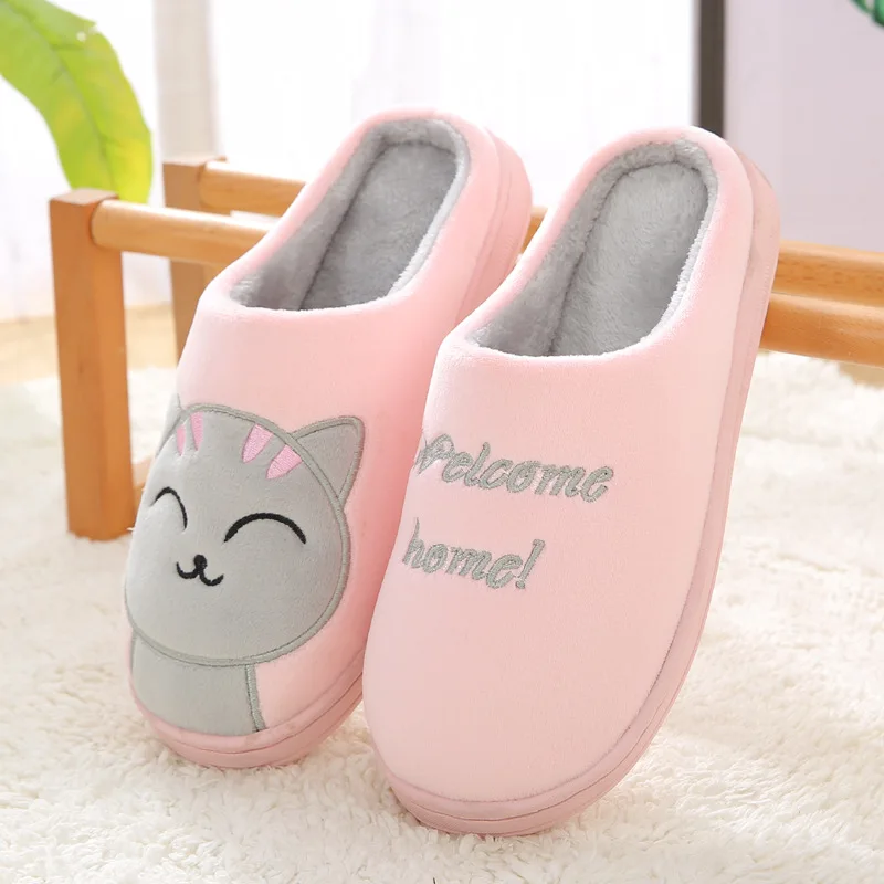 Women Winter Home Furry Slippers Cartoon Cat Non-Slip Soft Warm Indoor Bedroom Slides Men Couples Boys Girls Cute Floor Shoes