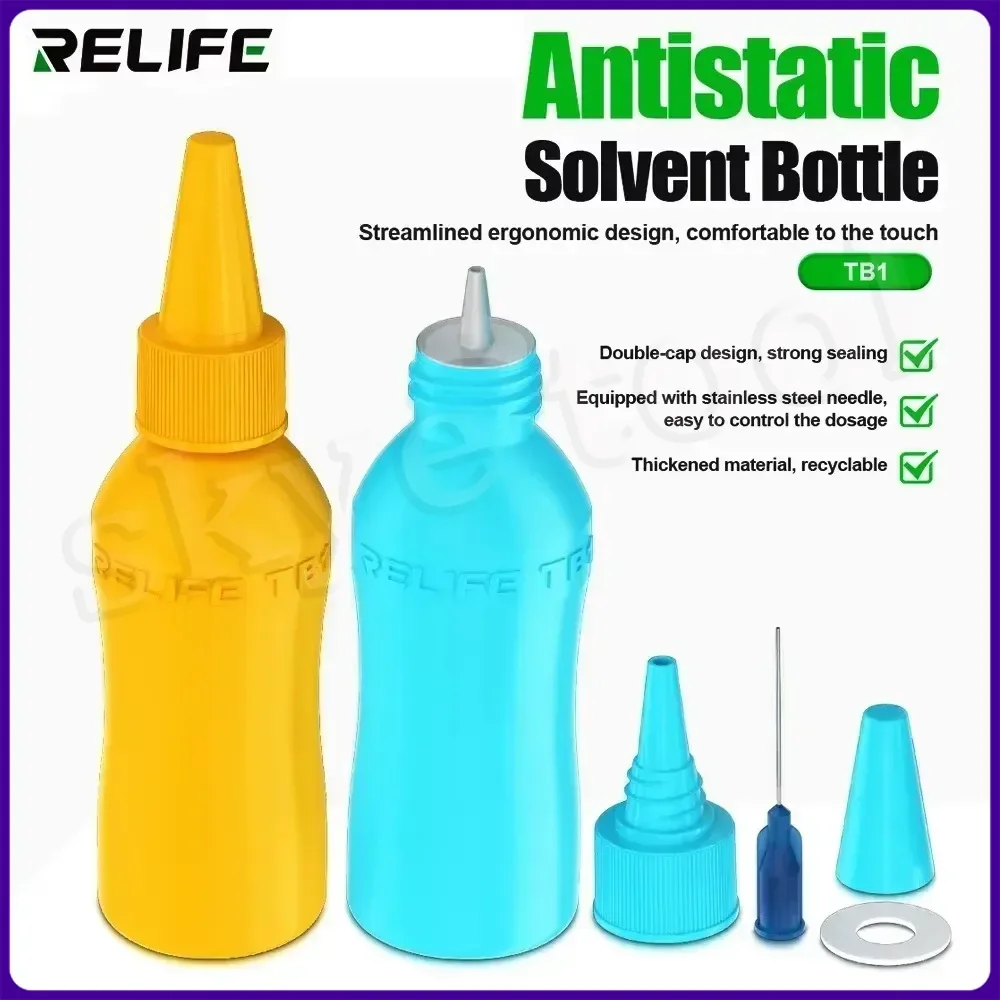 RELIFE TB1 50ml Solvent Bottle Double Capped Empty Alcohol Bottle Welding Aid Distributor for Mobile Phone PCB Cleaning Pot Tool