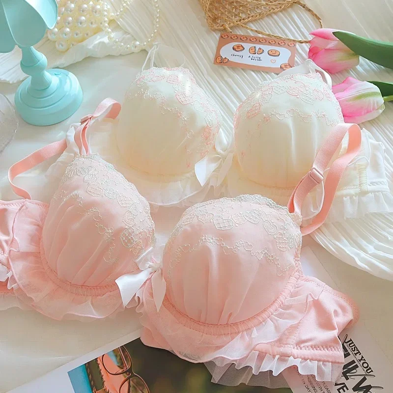 

Милый комплект нижнего белья для девочек-подростков, сладкий тонкий летний комплект со стальным кольцом, большое нижнее белье, собранный бюстгальтер, трусики, костюм
