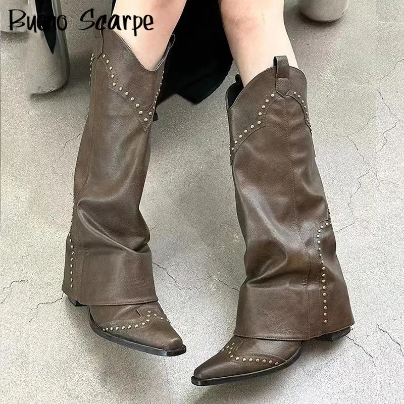 

Chunky Heel Rivet Women Boots Fashion Square Platform Knee High Boots British Style Western Cowboy Boots Female Knight Botas New