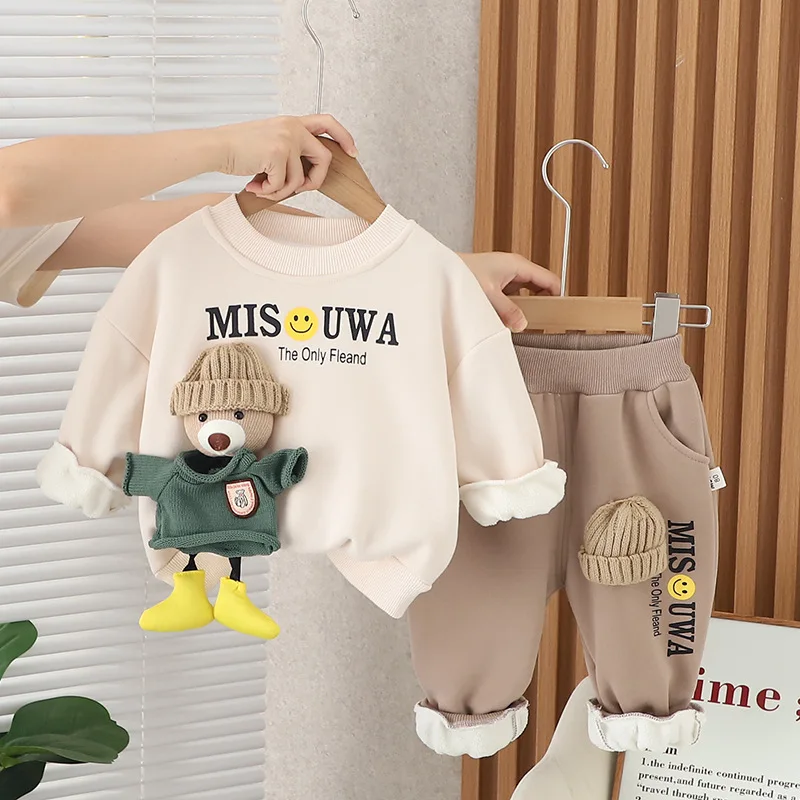 

Girls Boutique Outfits Autumn Winter Baby Boy Clothes 1 To 2 Years Cartoon Plush Velvet Long Sleeve Sweaters and Pants Kids Set