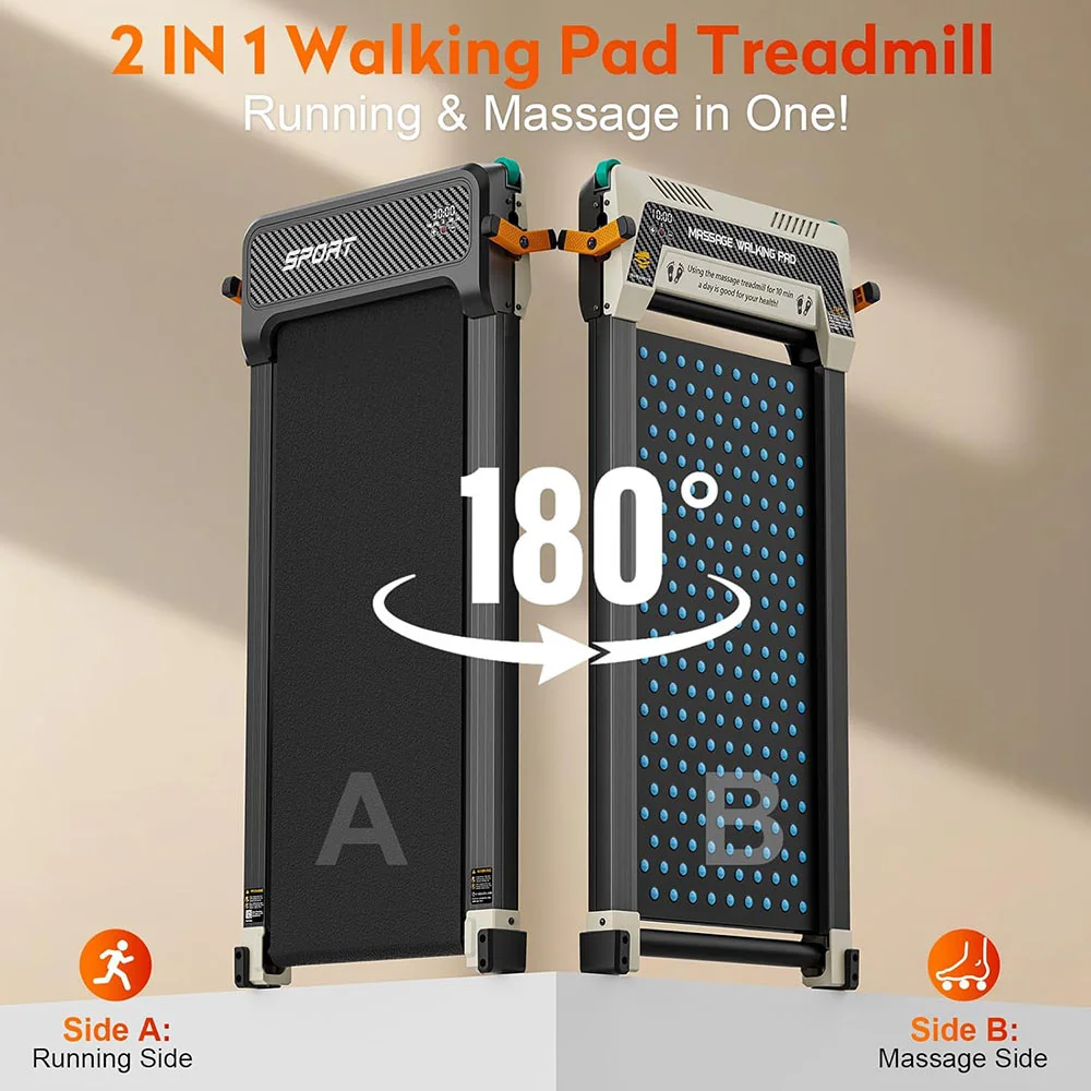 Akluer 520A-A 2-in-1 Laufband mit Fußmassagefunktion, Seite A zum Gehen und Laufen, Seite B zur Massage, 2,5 PS Motor, 0,6-4 mph Geschwindigkeit, 330 lbs Tragkraft, beidseitige LED-Anzeige, Fernbedienung, faltbares, kompaktes Design für Zuhause und Büro – Detail 4