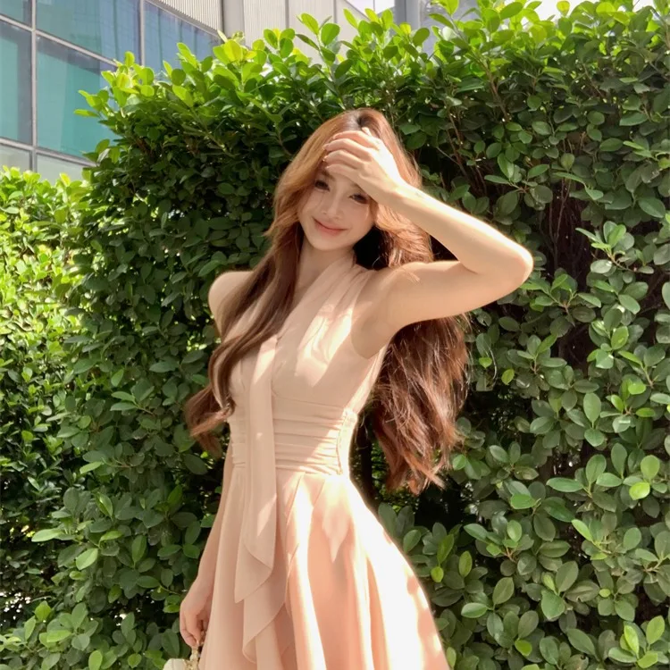 

Pink V-Ne Svel Vest Dr Women's Summer Slimming High Waist A-Line ort Skirt Casual Pure Desire Sle Chiffon Dr