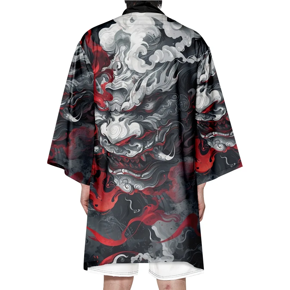 Japanese Streetwear Demon Print Fashion Long Cardigan Men Women Beach Kimono Summer Black Haori Yukata Harajuku Tops