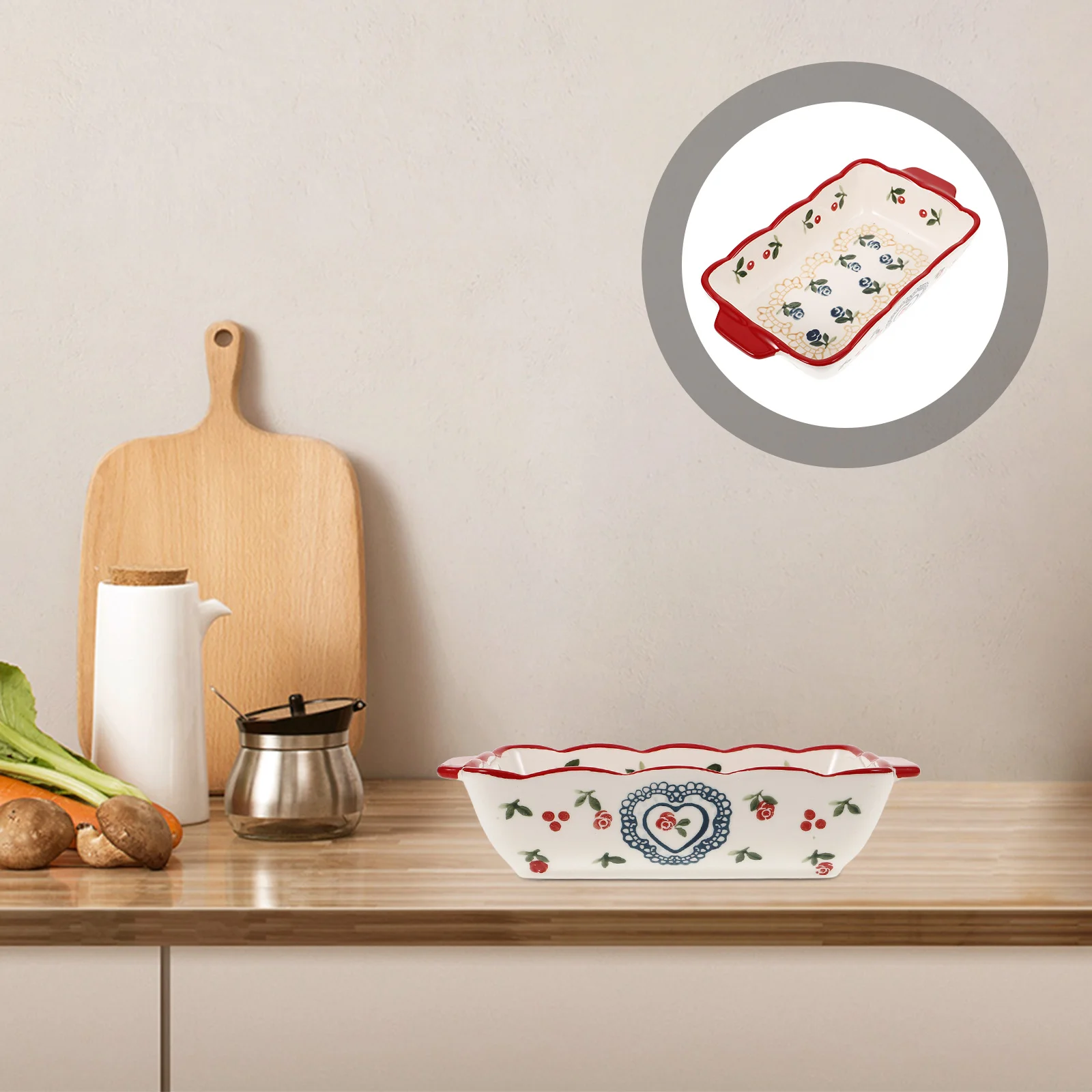 

Cherry Rectangular Ceramic Baking Dish Double Handle Oven Safe Bakeware Pan for Pies Lasagna Roasting Vegetables Serving