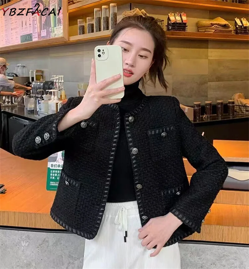 

Cropped Top Women 2023 Luxury Jacket Spring Black Tweed Jacket Small Fragrant Short Coat Long Sleeve Multi Pocket Checked Blazer