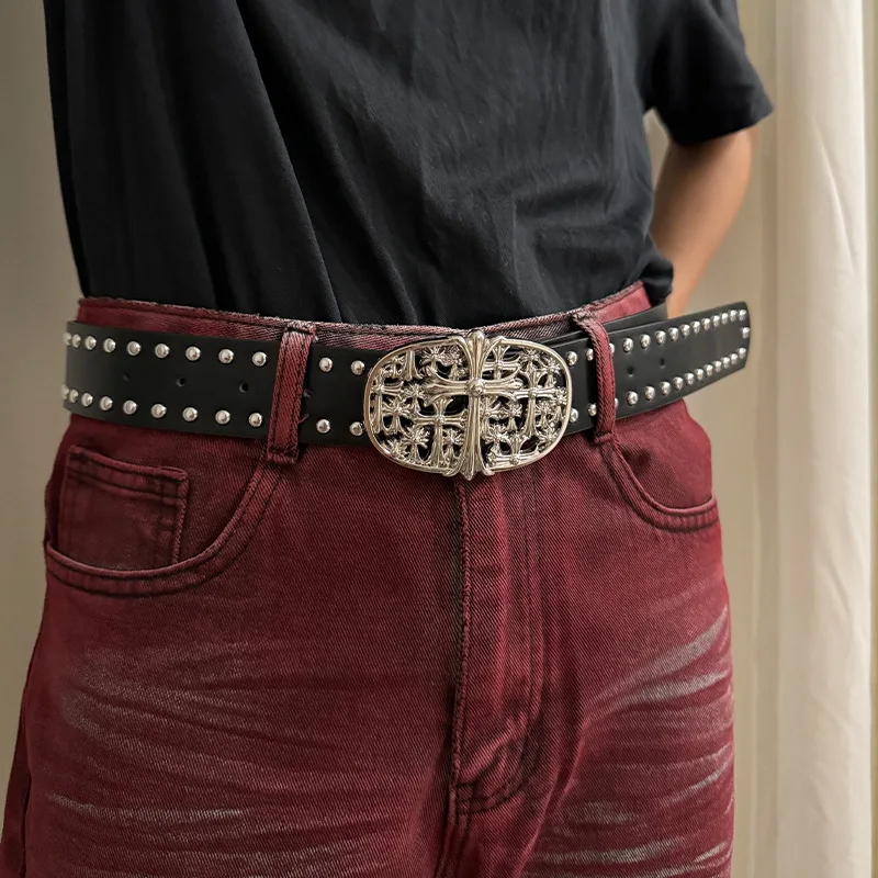 Kroxin Tomb Classic Cross Silver Buckle Belt for Men and Women Star Style with Skirt, Jeans with Belt, Black