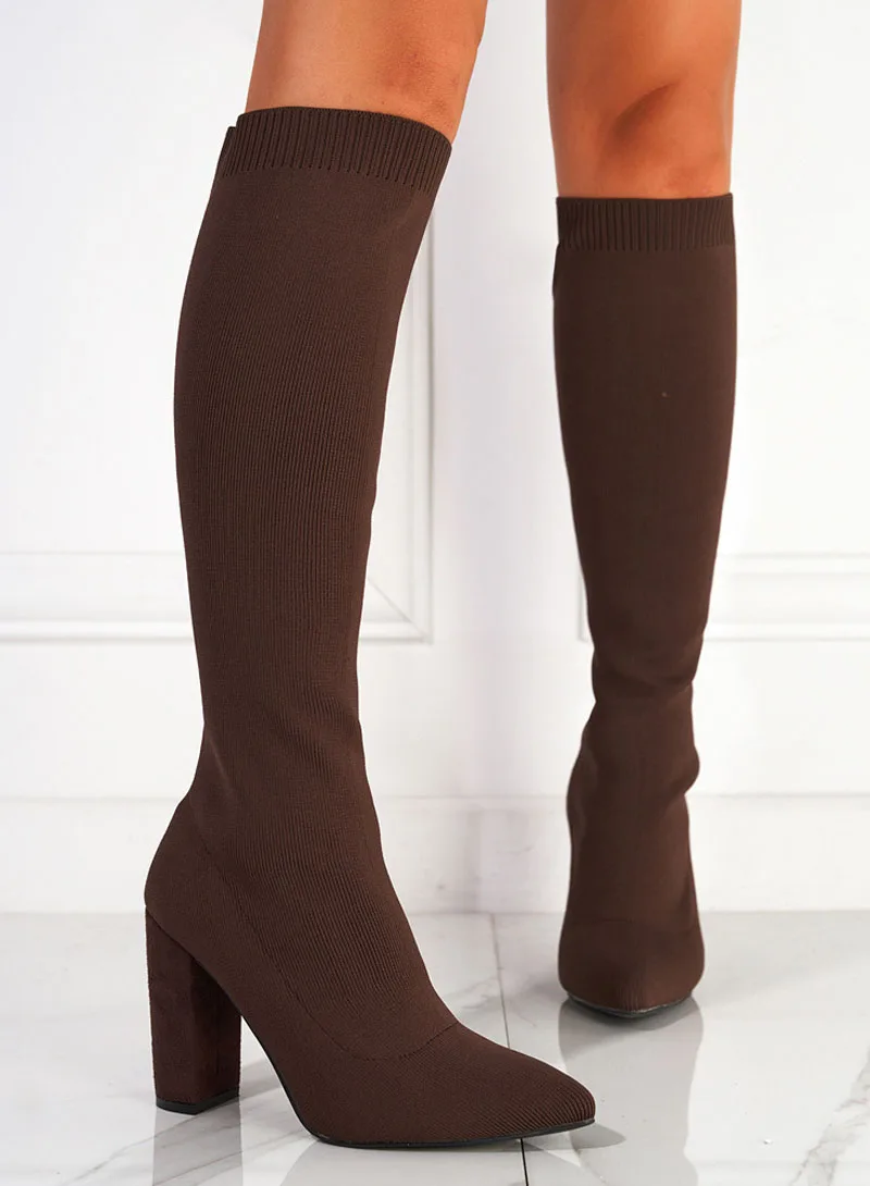 

Autumn Winter Knitted Long Boots Women New Knee High Socks Shoes Women Fashion High Heels Retro Elastic Botas Mujer WSH5205