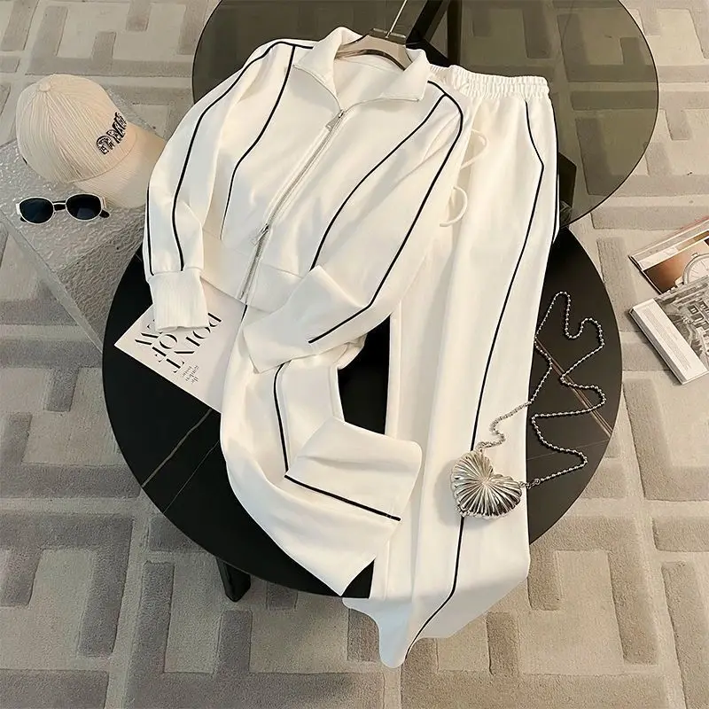 Sports Suit for Women, Autumn Fashion, Casual, Age Reducing, Western-style Zipper Sweatshirt, Wide Leg Pants Two-piece Set pants
