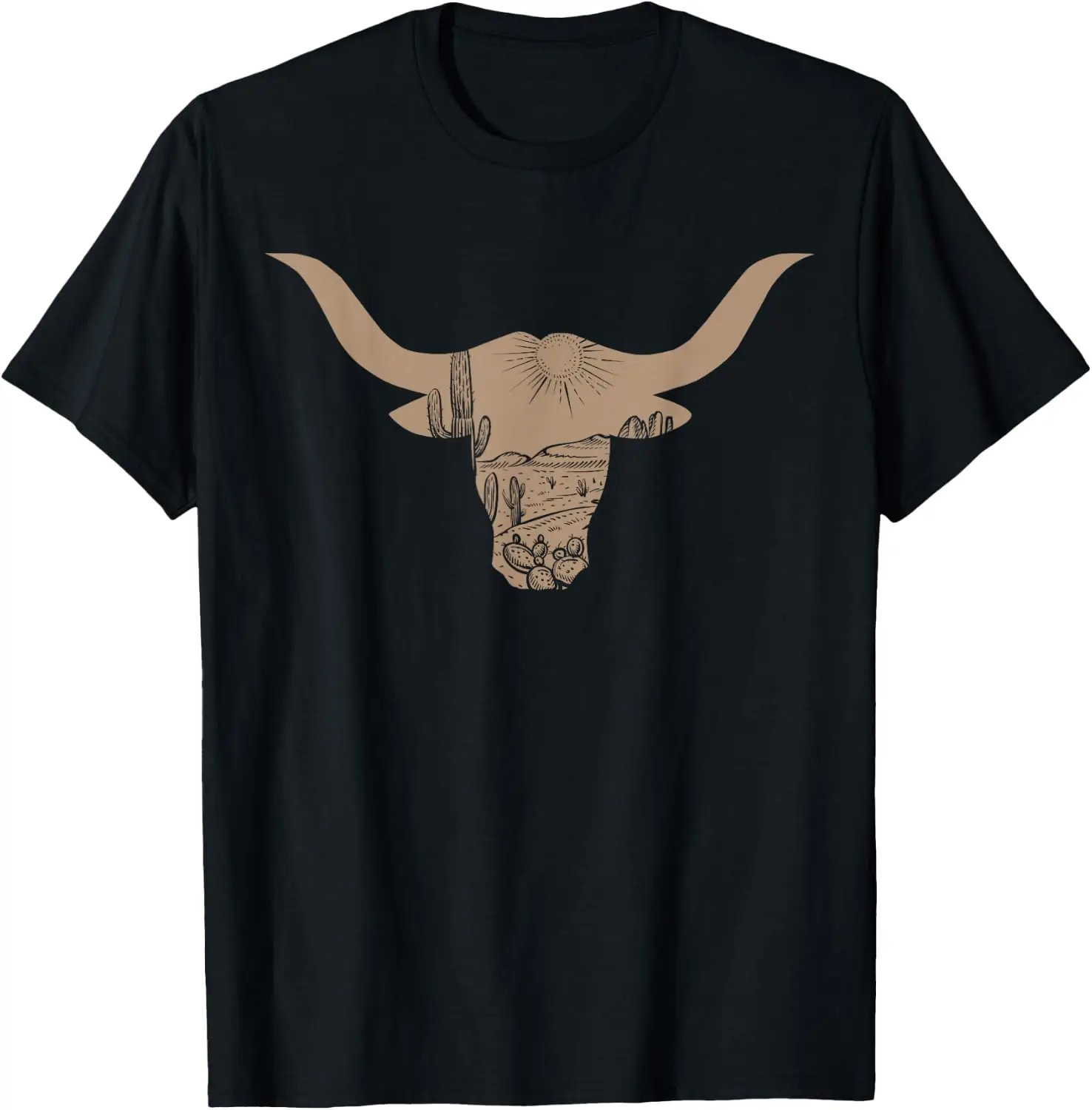 Vintage Western Rodeo Longhorn Cow Skull Desert Background T-Shirt 100% Cotton Trendy Y2K Short-Sleeve Tee-Soft, Quick-Drying,