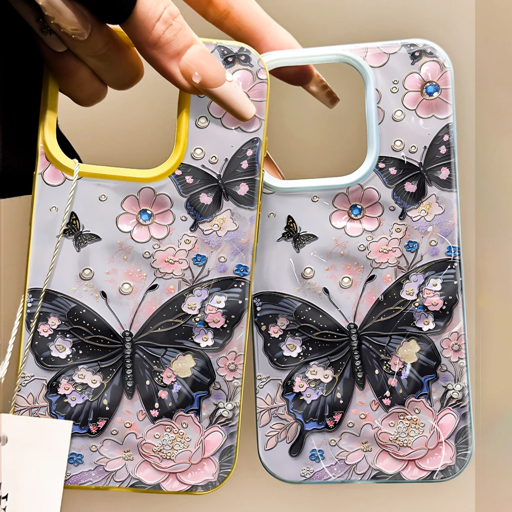 

Colorful Butterfly and Flower 3D Meteor Texture Phone Case For iPhone 17 16 15 14 13 12 11 Pro Max 17 Air TPU Protective Cover