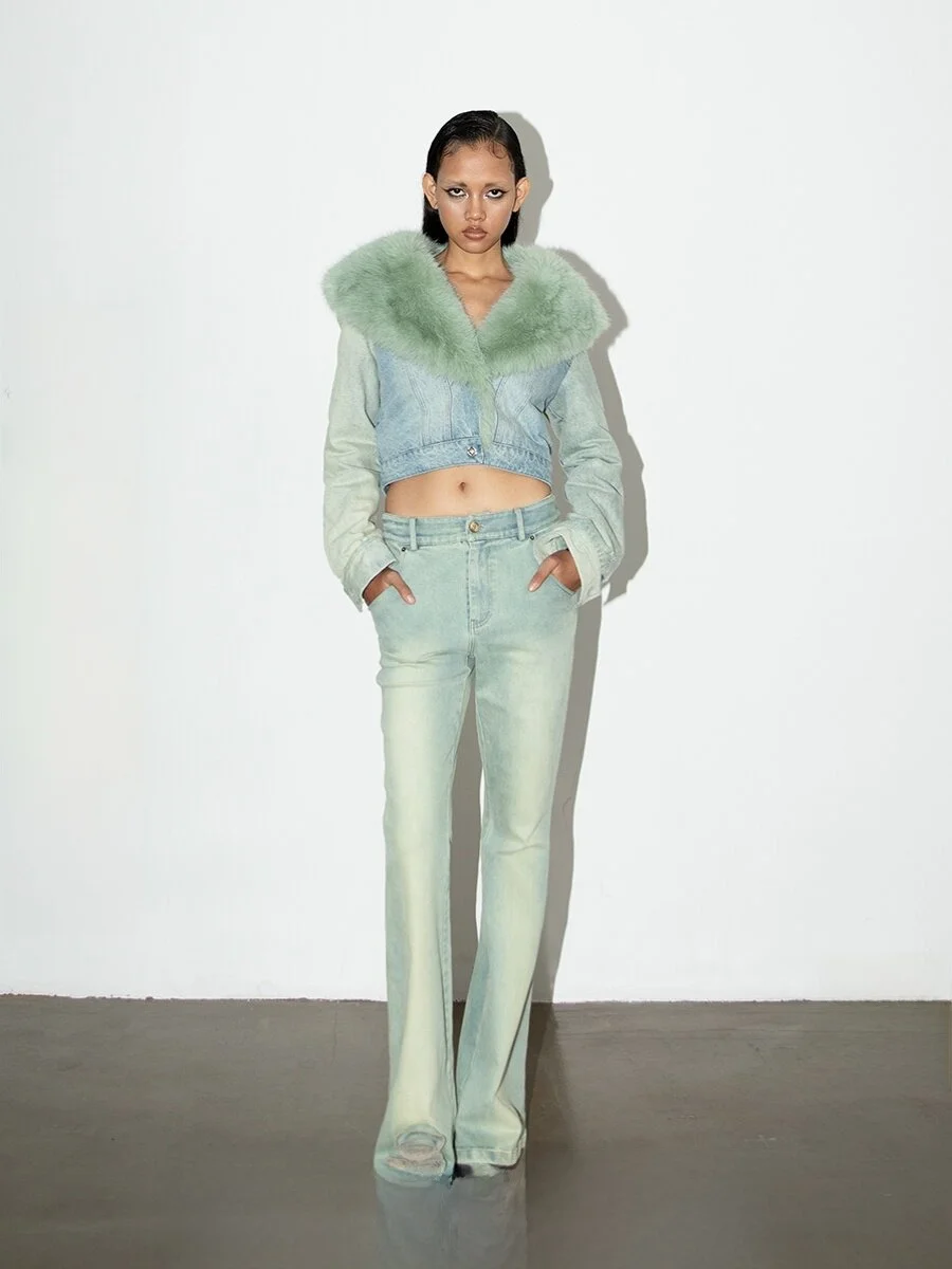 

NOLA Vintage Denim Fur Jacket Green Aged Jeans Retro Leather Coat Original Design Slim Fit Cotton Velvet Long Sleeve V...