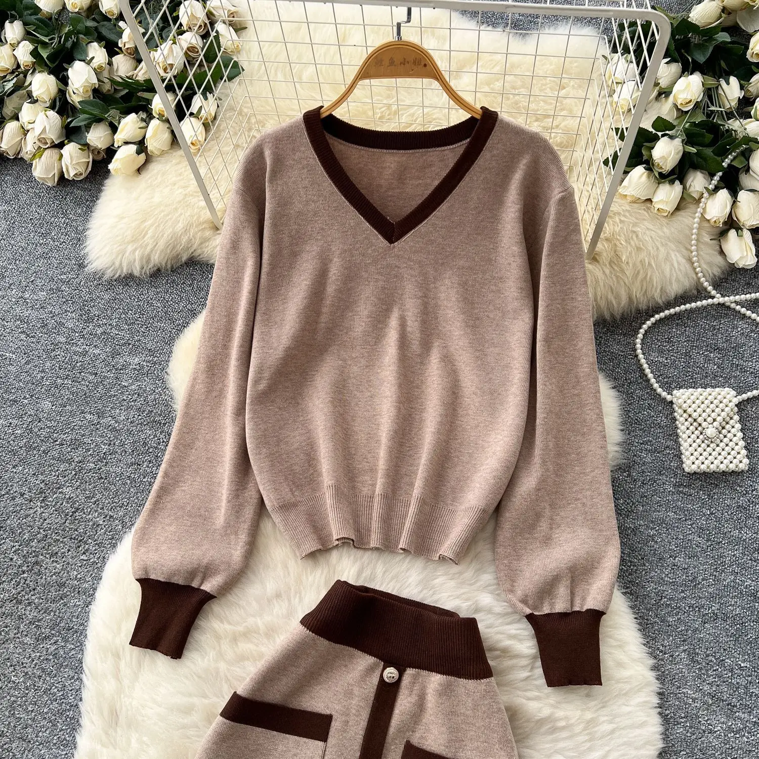 تنورة مجموعة النساء قطعتين مجموعات الخامس الرقبة كم كامل متماسكة القمم التنانير الطويلة مرونة الخصر Y2k الشارع الشهير العمل سليم صالح الخريف الشتاء #5