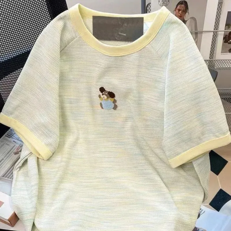 Summer Women's T Shirt Crew Neck Contrast Trim Puppy Embroidery Oversized Waffle Knit Casual Tops