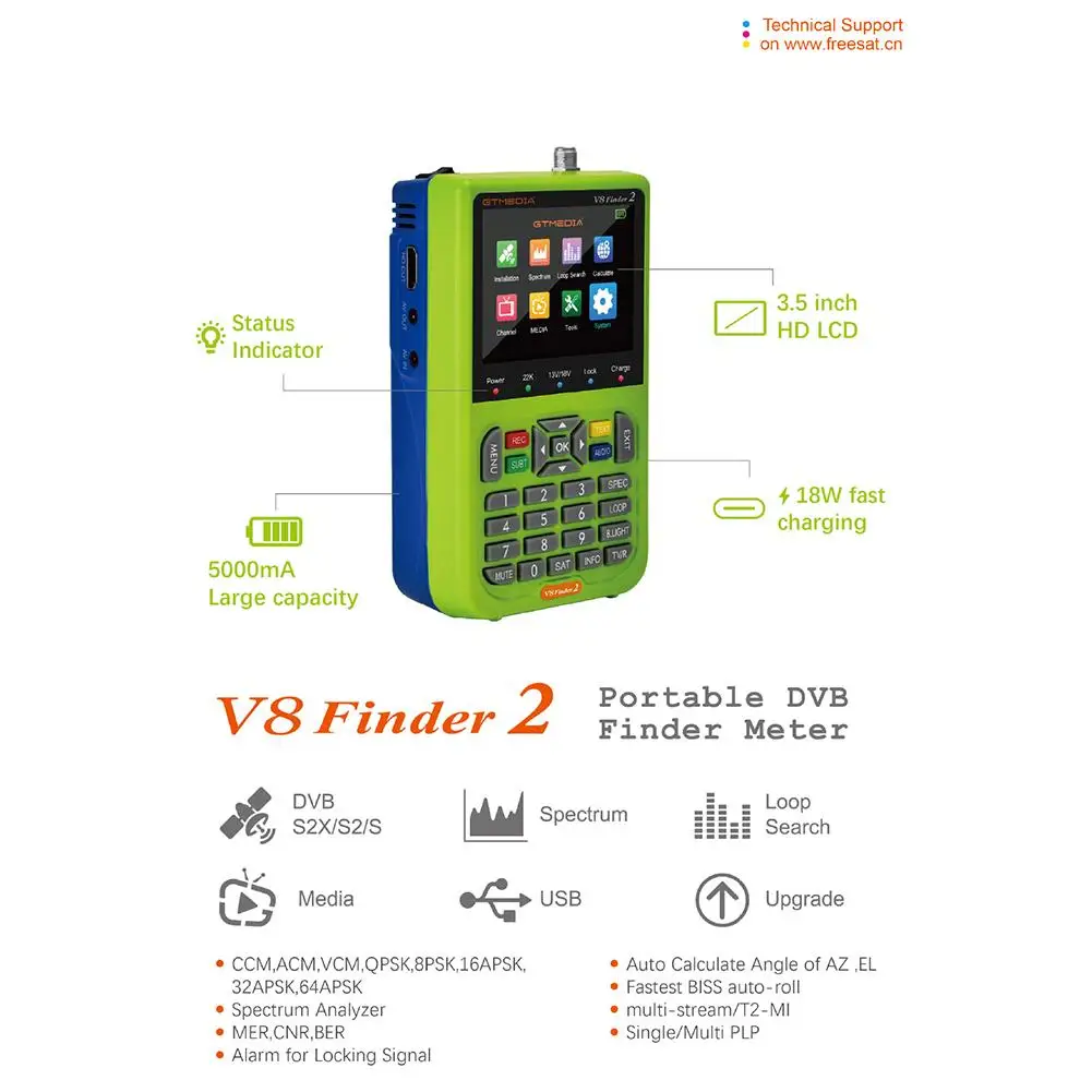 S2 Digital Satellite Finder ricevitore di segnale ricaricabile di tipo C Freesat 1080p Hd V8 Finder2 Meter Dvb-S Star Finder