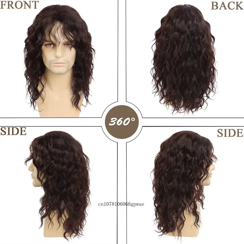 Peluca sintética de los años 80 para hombre, pelucas de salmonete marrón, disfraz de Halloween, peluca masculina Punk Heavy Metal Rocker, peluca ondulada y rizada larga, fiesta de Cosplay