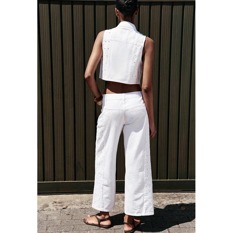 

High Waist Wide Leg Jeans Women's Summer New Single ket Embroidery Decorative Casual Sle Zipper Closure Long Pants