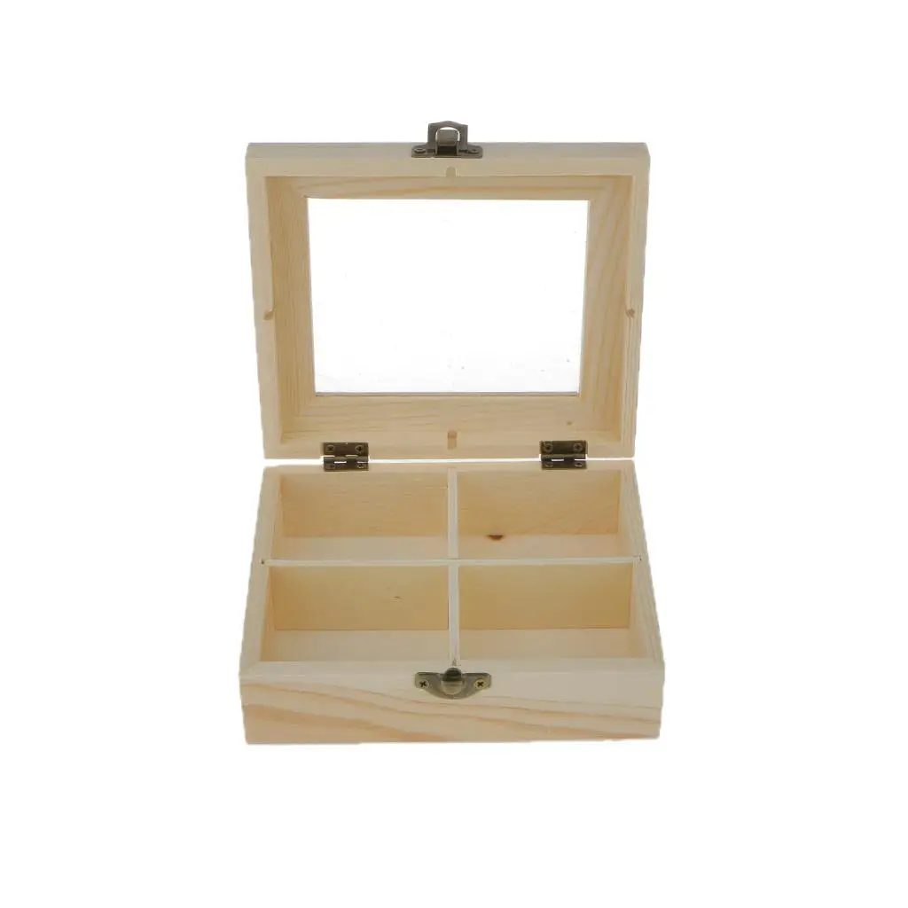 Phenovo Unfinished Unpainted Plain Wooden Mini Tools Jewelry Box 4 Grids Glass Lid Keepsake Gift