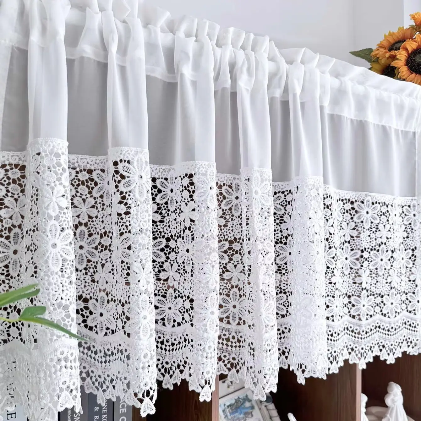 White Sheer Lace Floral Short Valance Curtains, Tiered Patchwork Window Treatment for Kitchen Living Room Decor Elegant Cutout