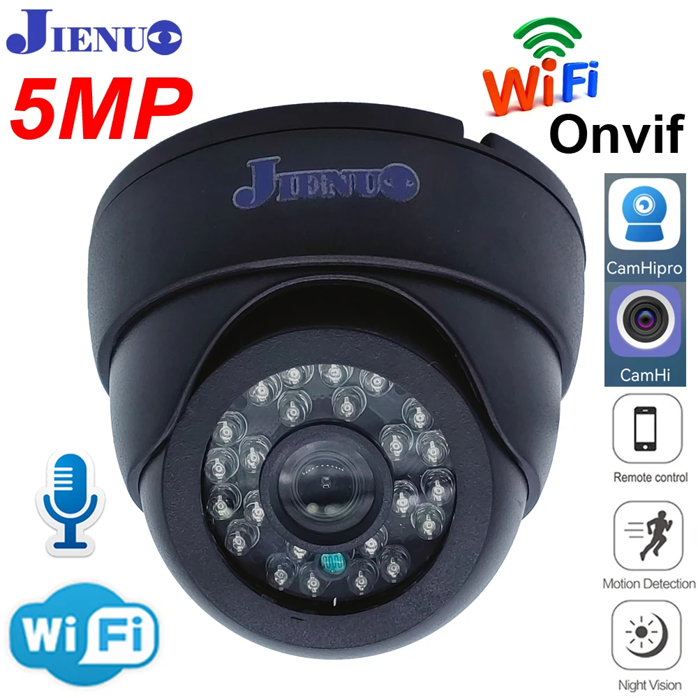 

JIENUO 5MP Wifi IP Camera Dome Black HD Cctv Surveillance Infrared Night Vision Onvif 1080P Audio Video Wireless Home Cam CamHi