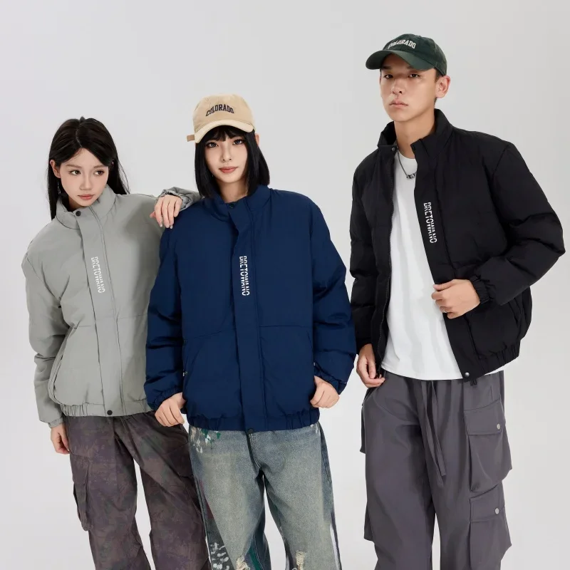 Unisex Sports Breathable Casual Puffer Jacket Lightweight Warm Stand Collar Letter Print Gym Workout Winter Sportswear Jacket