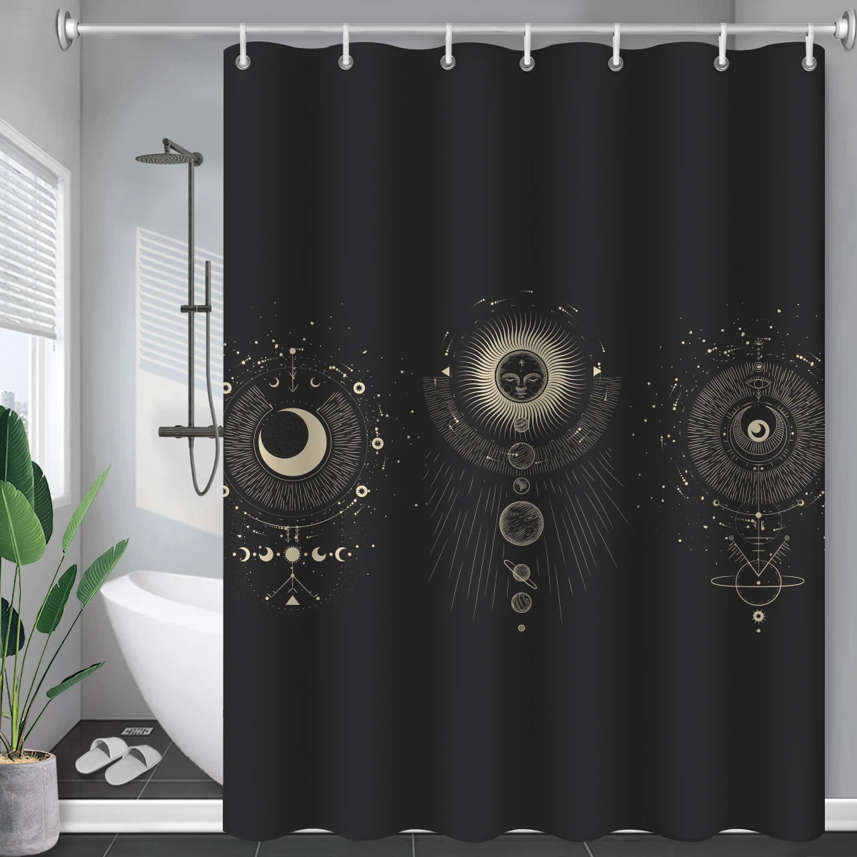 Black Shower Curtain Sun and Moon Modern Constellation Abstract Mysticism Bathroom Waterproof Curtains Home Decor with Hooks