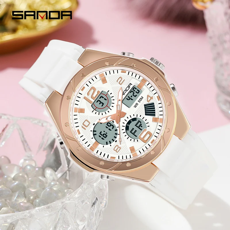 Sanda Luxe Ms Led Digitaal Sporthorloge Mode Casual Gouden Polshorloge Vrouwen Meisje Militair Waterdicht Quartz Horloges 6062