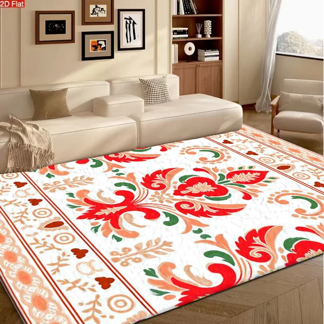 Red Orange Folk Floral Ethnic Border carpet flooring, Vintage Traditional Flower Pattern Area Rug for Living Room Bedroom Home Interior