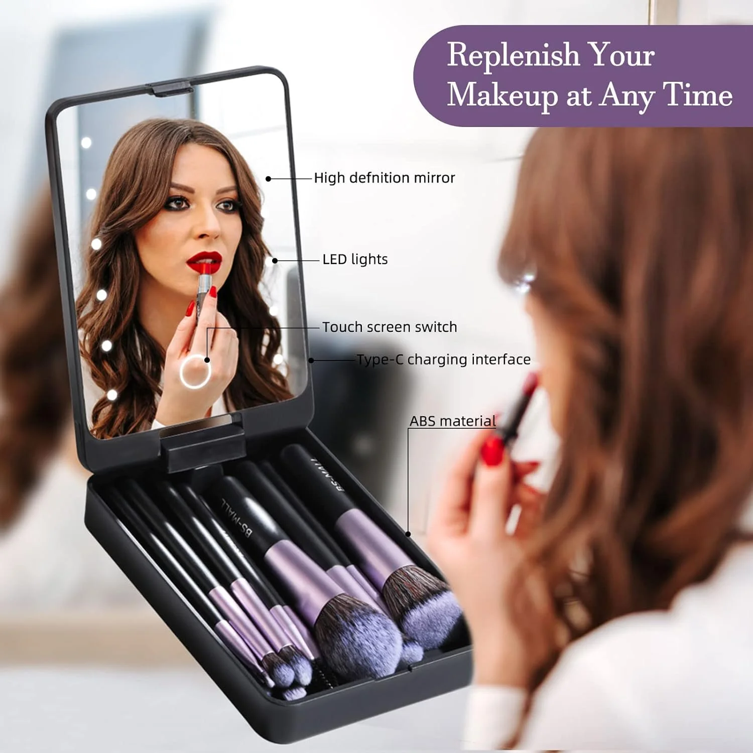 Travel Makeup Brush Set Foundation Powder Concealers Eye Shadows Makeup Set with LED light Mirror 14 Pcs (Purple)