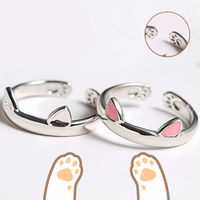 2pcs Y2K Cute Cat Paw Print Ring Women Girls Adjustable Cat Ears Paw Animal Finger Ring Couple Cartoon Little  Gift Jewelry