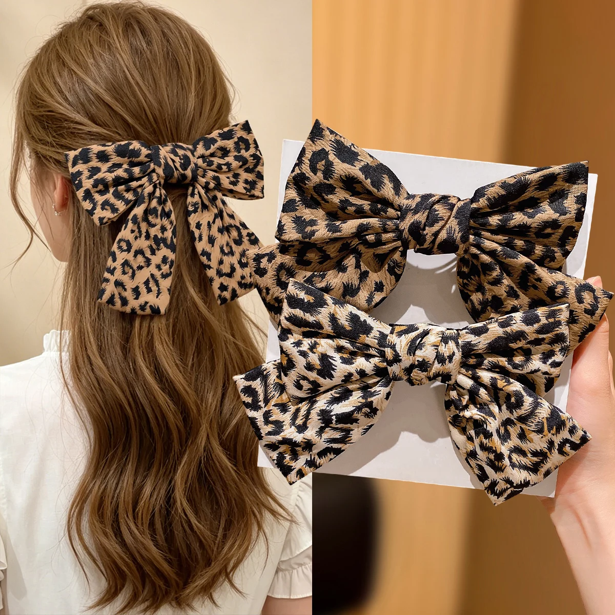 2Pcs Retro Leopard Print Fabric Big Bow Hair Clip Autumn Winter Half-Up Spring Clip Women Hair Accessories