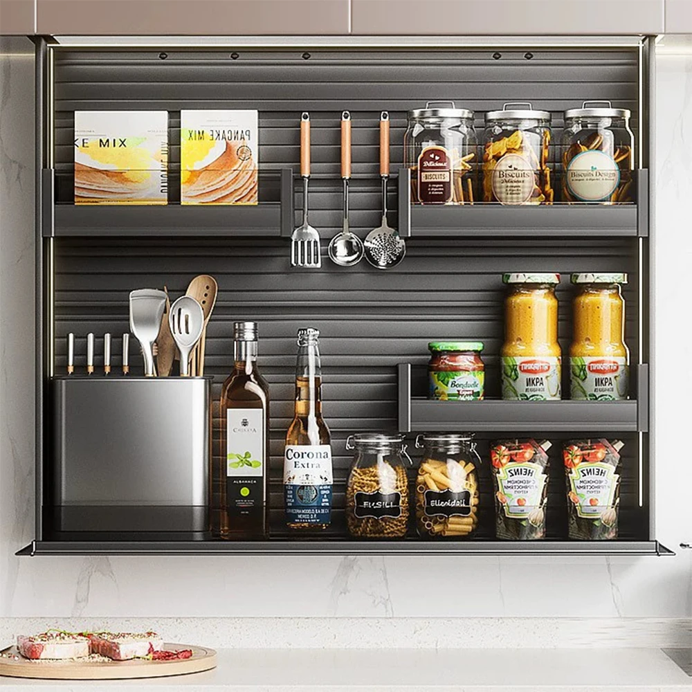 

Sound-controlled Touch Electric Kitchen Cabinet Smart Storage Lift-up Pull-out Basket All-aluminum Wall-mounted Seasoning Basket